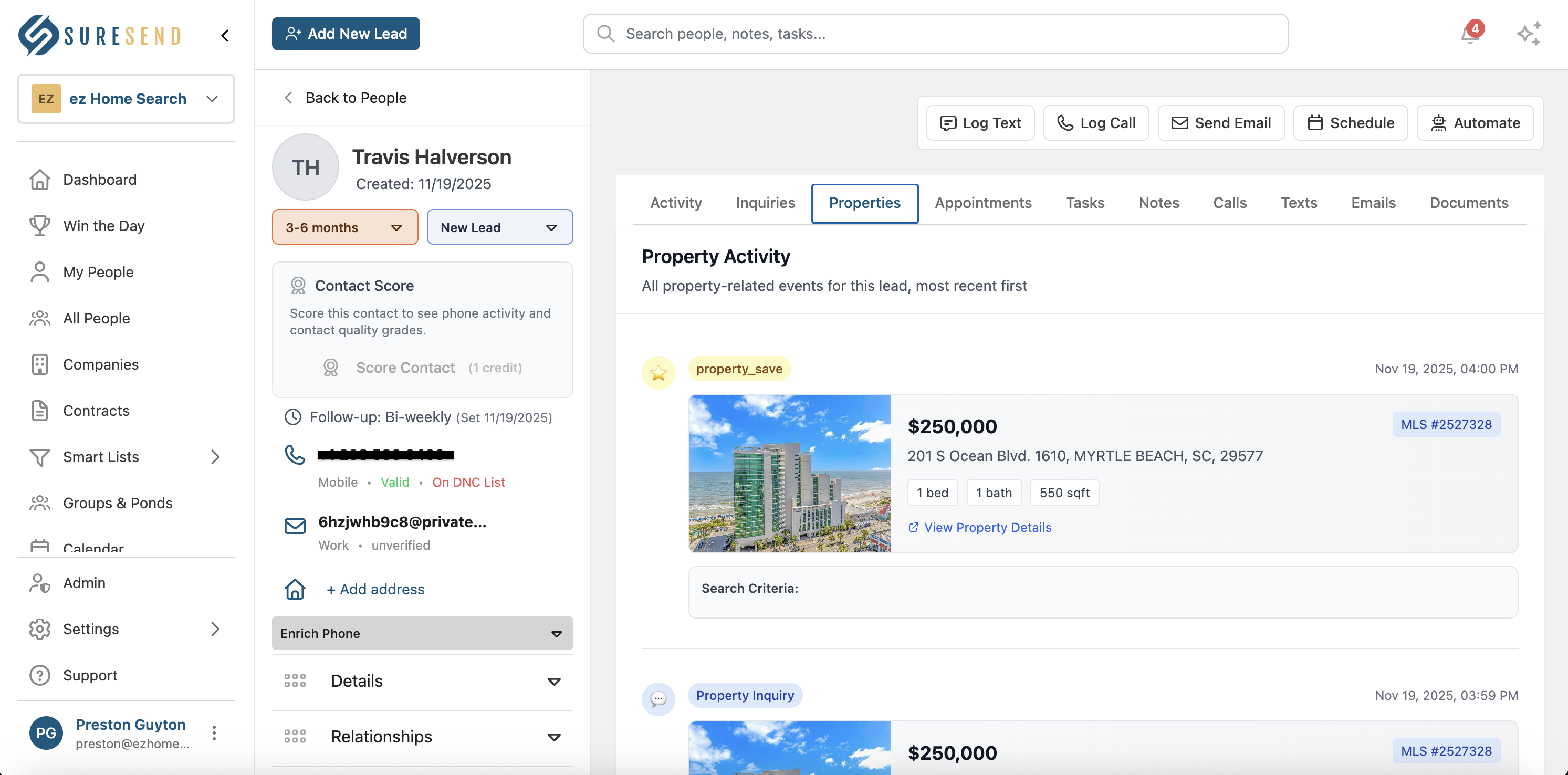 Sure Send CRM Contact Management - Track leads, properties, interactions, and contact scoring